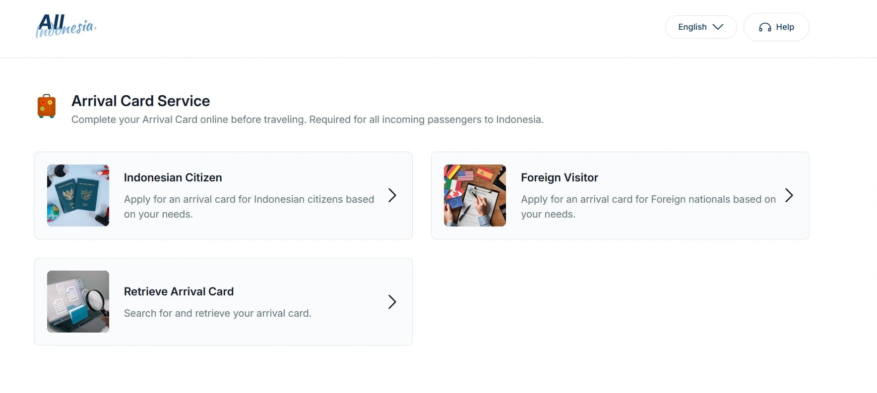 All Indonesia app home screen with the Foreign Visitor option for the Indonesia arrival card