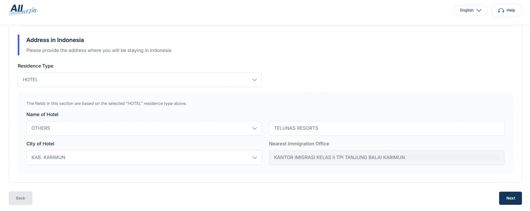 Address in Indonesia step completed with Telunas Resorts as the hotel and Kab. Karimun as the city
