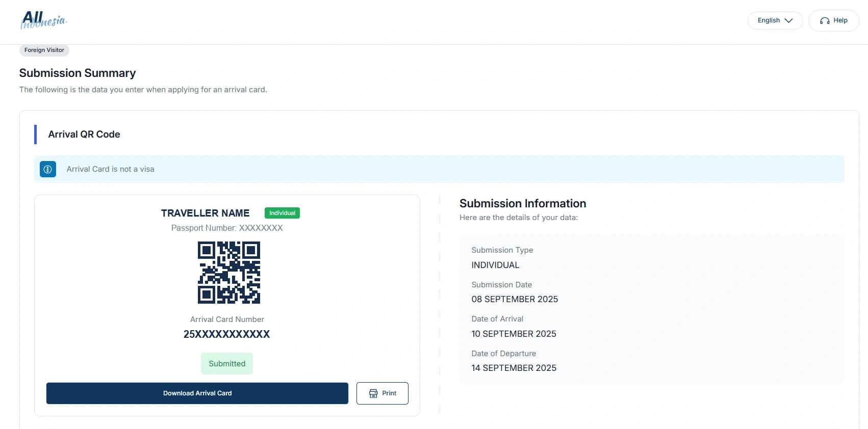 Completed Indonesia arrival card showing the arrival QR code and card number