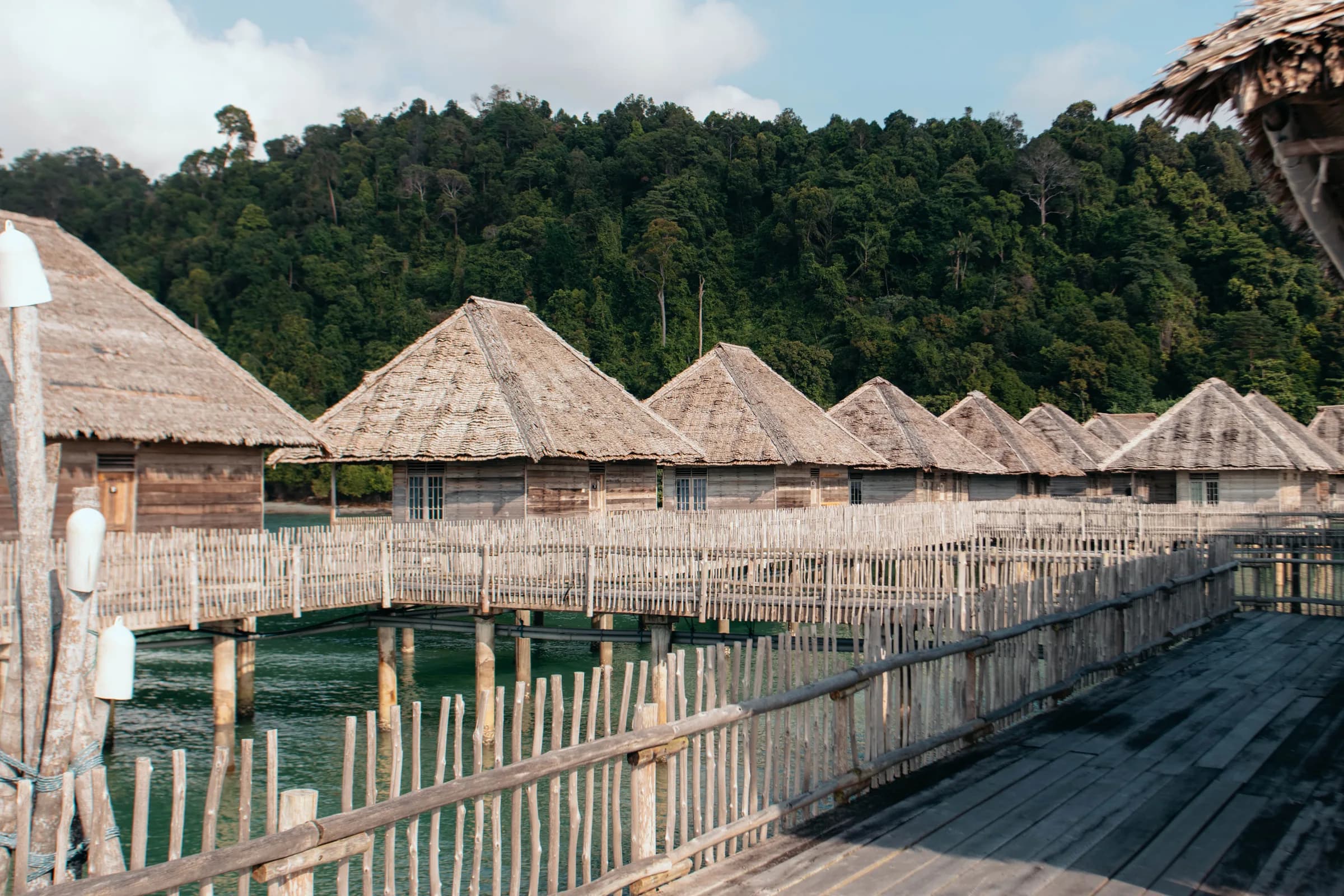 Aerial view of the overwater bungalows at Telunas Beach Resort