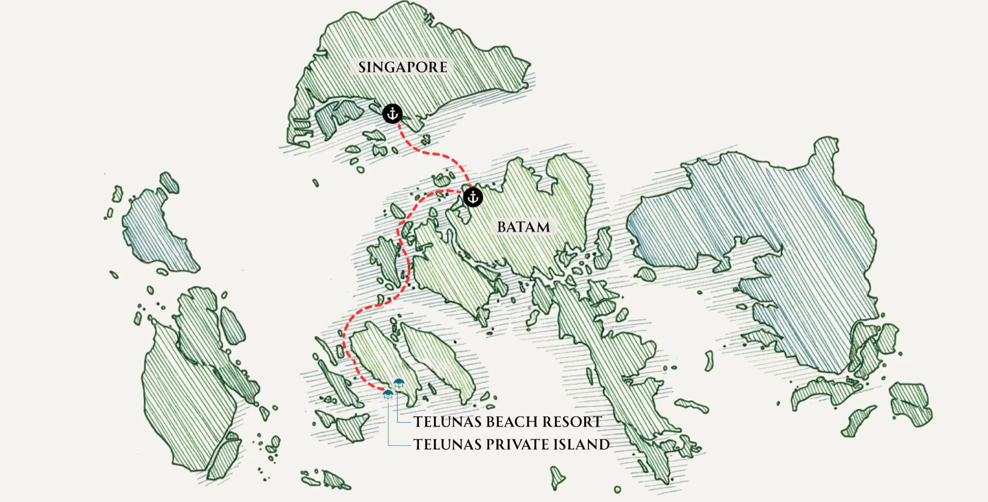 Route map from Singapore through Batam to Telunas Private Island and Telunas Beach Resort
