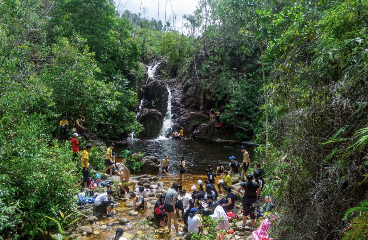 students going on a waterfall hike at Telunas
